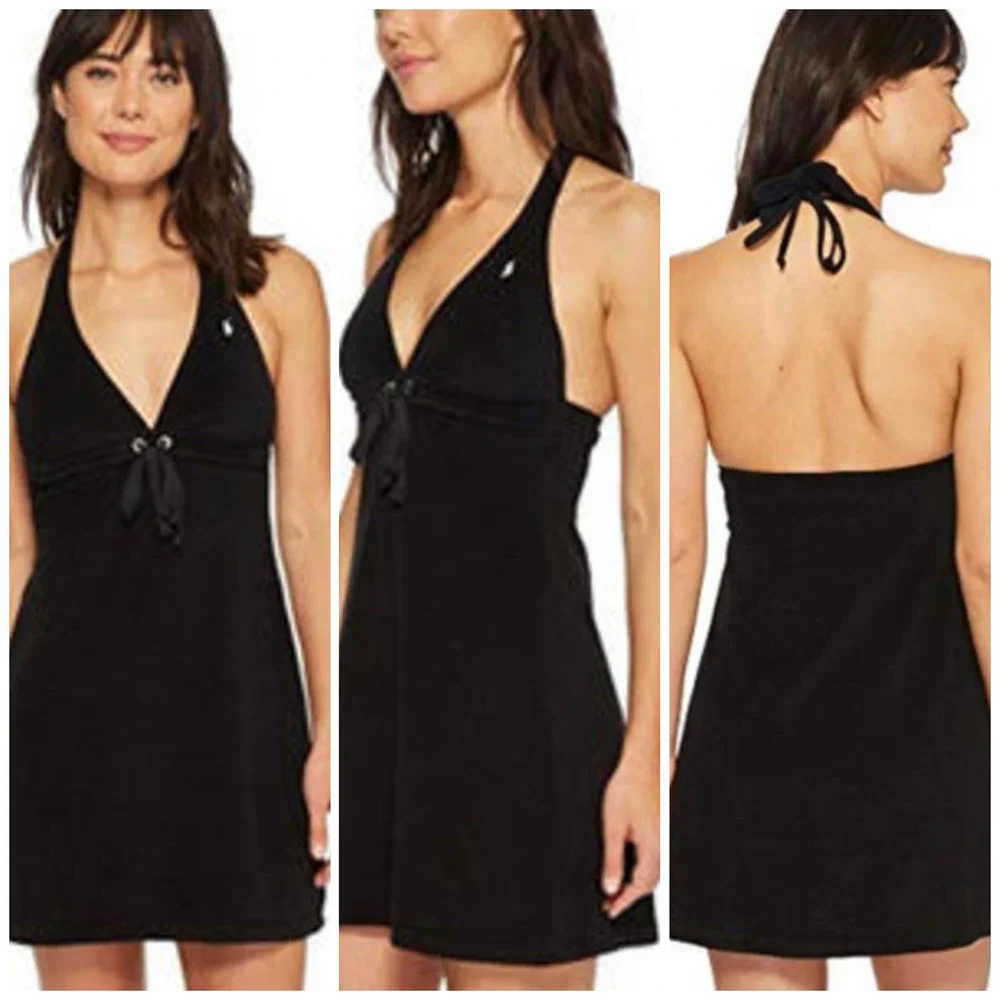 VTG Ralph Lauren Black Terry Halter Dress L Cover Up tennis Beach Club Preppy - Picture 3 of 16